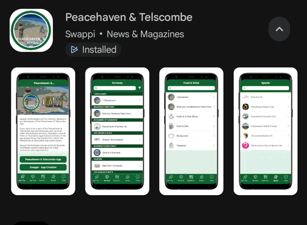 Peacehaven and Telscombe app listing and interface screenshots
