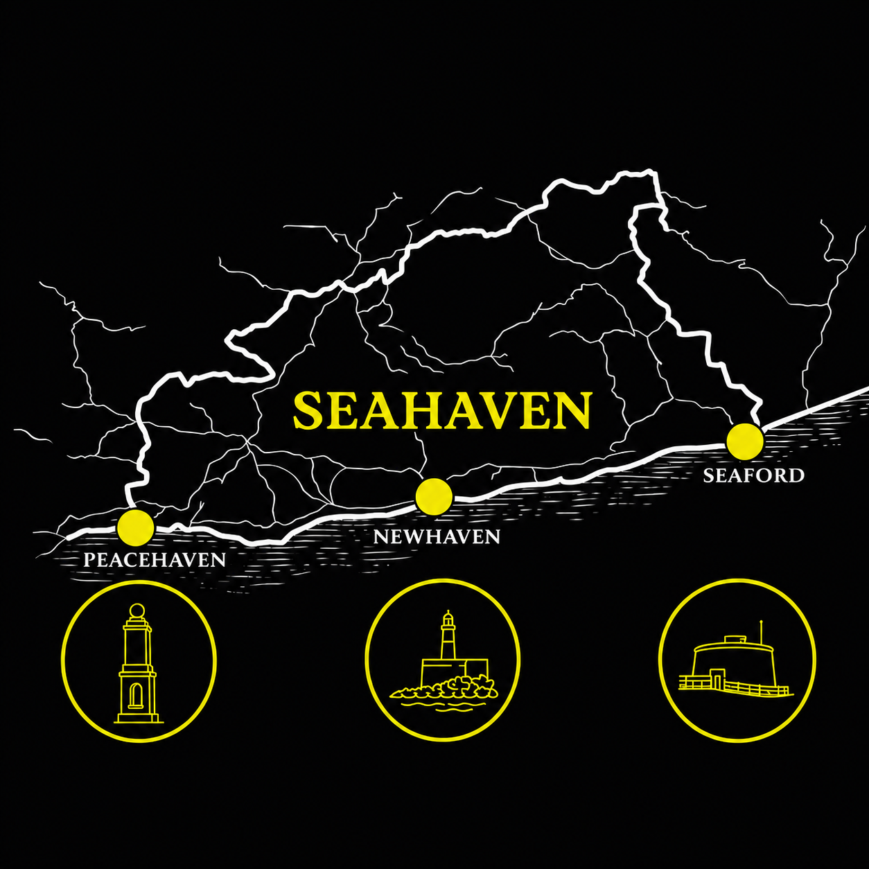 Map of the Seahaven region showing Peacehaven, Newhaven and Seaford