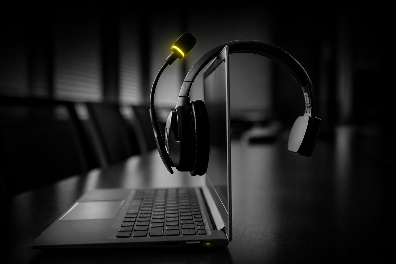 Business laptop and communications headset with an electric yellow status light